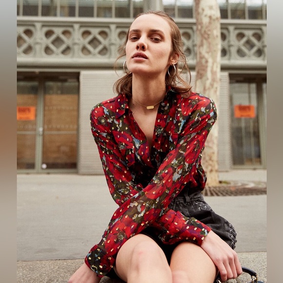 The Kooples Tops - THE KOOPLES Poppy Print Georgette Blouse Floral Shimmer Dot Button-Down Silk Top